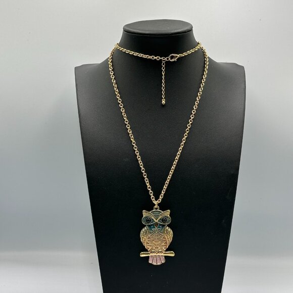 3/$30 Owl Pendant Necklace Gold Tone Multicolored Enamel Geometric Long Chain - Picture 7 of 12